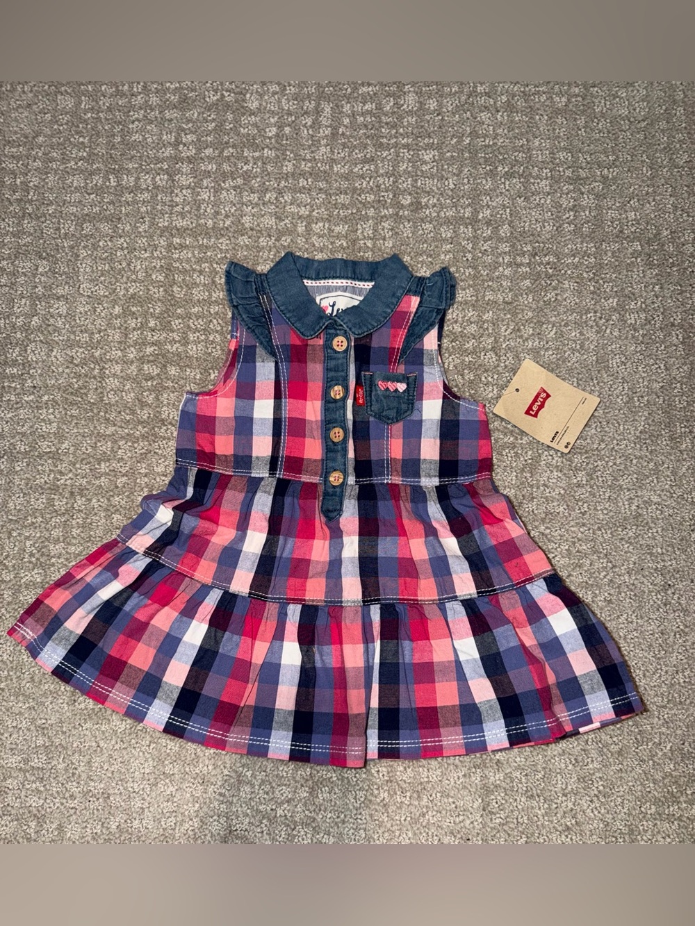 New Levi's Plaid Tiered Dress with Denim Collar Size 3-6M